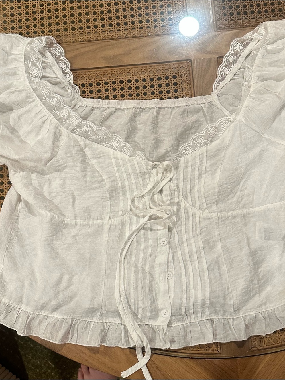 SHEIN White Lace-Trim Tie-Front Peasant Top